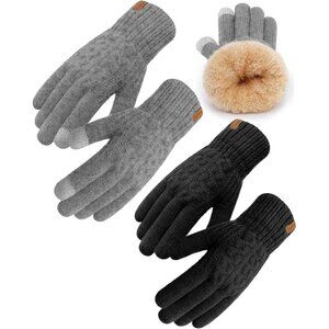 ⚡Women & Men Black+Light Gray Touch Screen Warm Thick Fleece Lined Knit Gloves